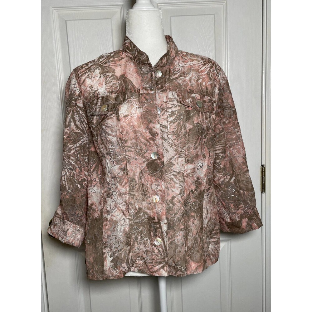 Ruby Rd. Sheer Pink And Taupe Silver Shirt Coat Cardigan 16 Large Shell Button